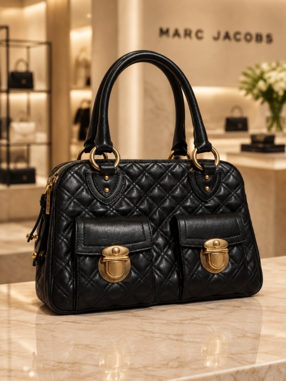 Marc Jacobs Black Quilted Leather Satchel with Gold Hardware